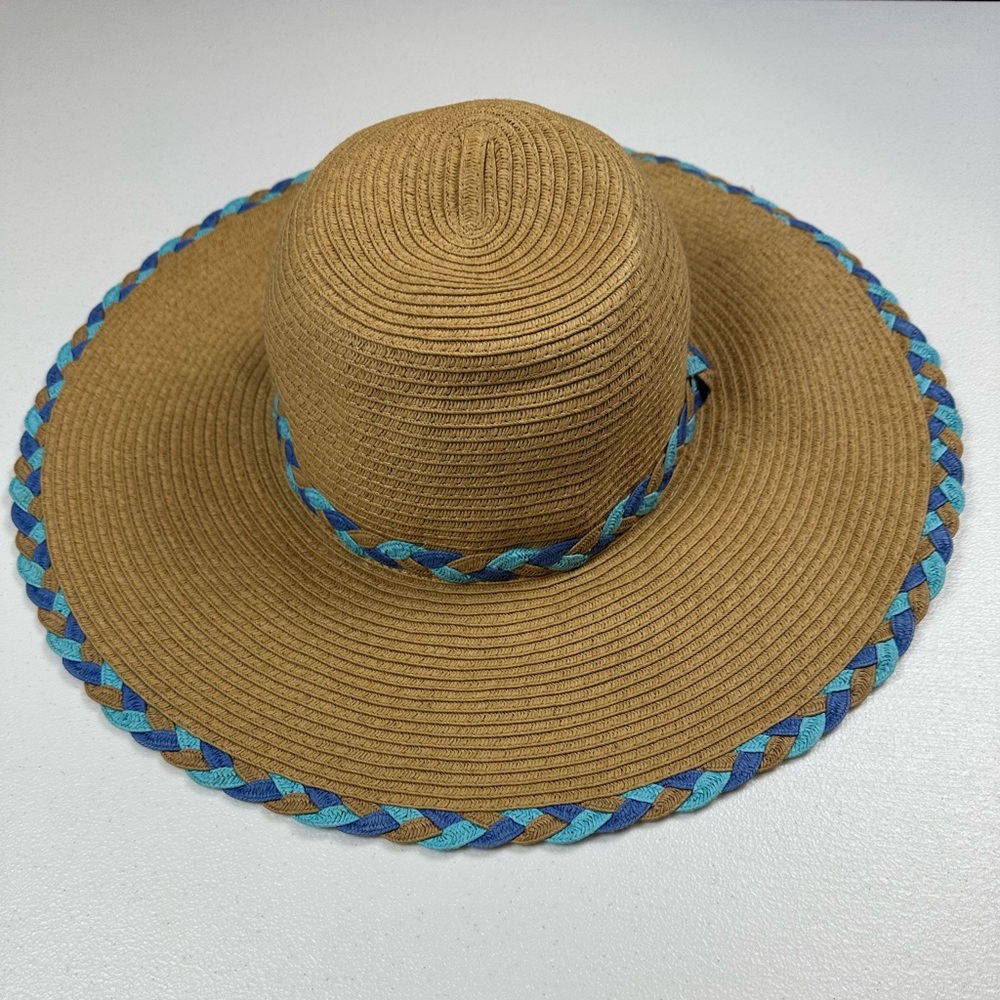 David & Young Blue Braided Trim‎ Wide Brim Paper Straw Womens Sun Hat One Size